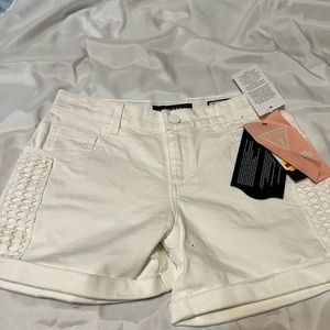 GUESS Girls' Stretch Denim 5-Pocket Shorts with Lace Side Panels, size 12